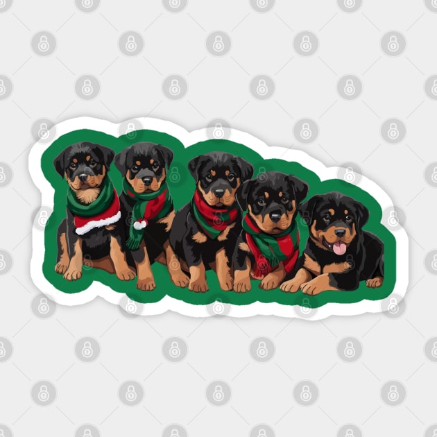 Merry Chrismutts Rottweiler Puppies Wearing Scarves Sticker by taiche